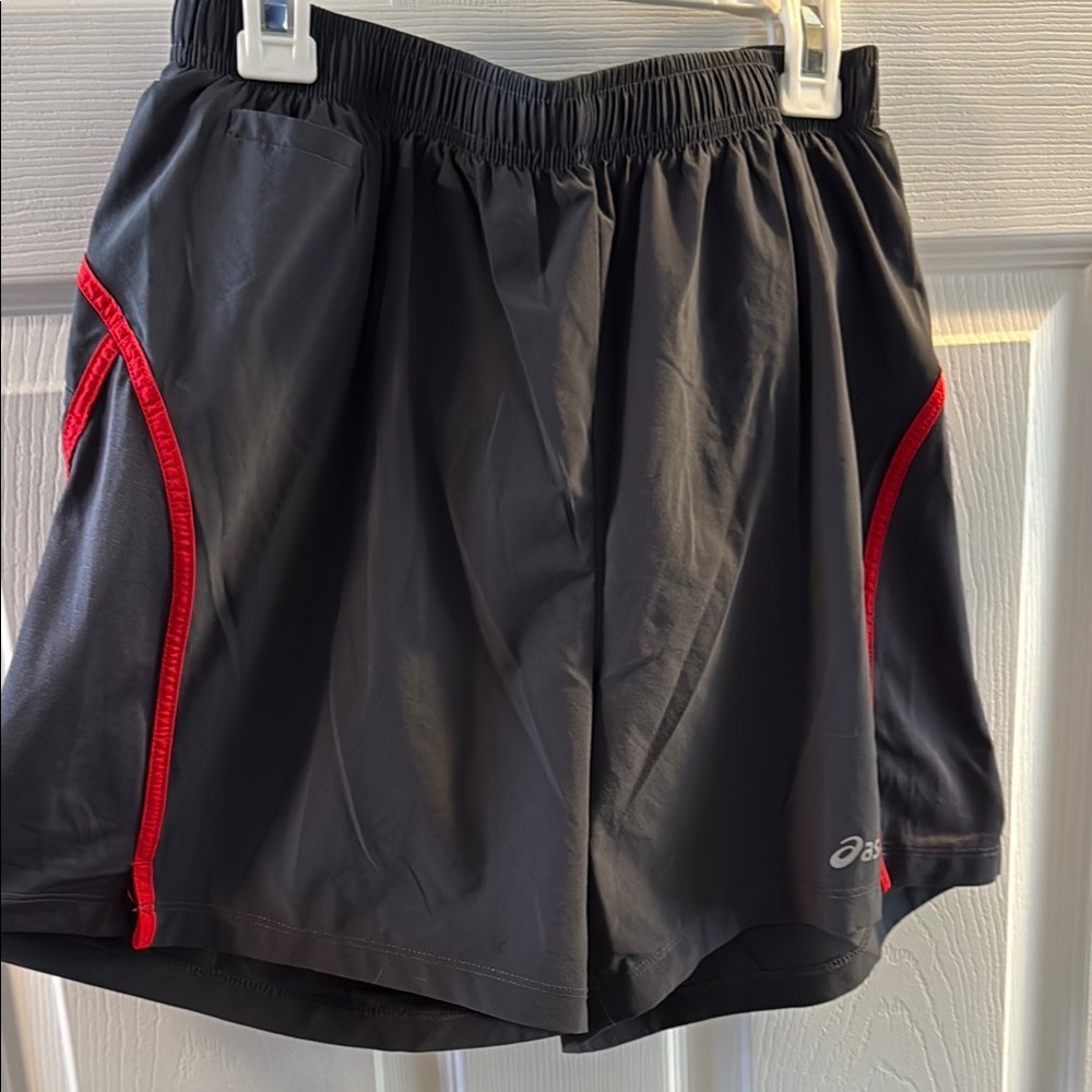 Charcoal Athletic Shorts with Red Accents and Elastic Waistband